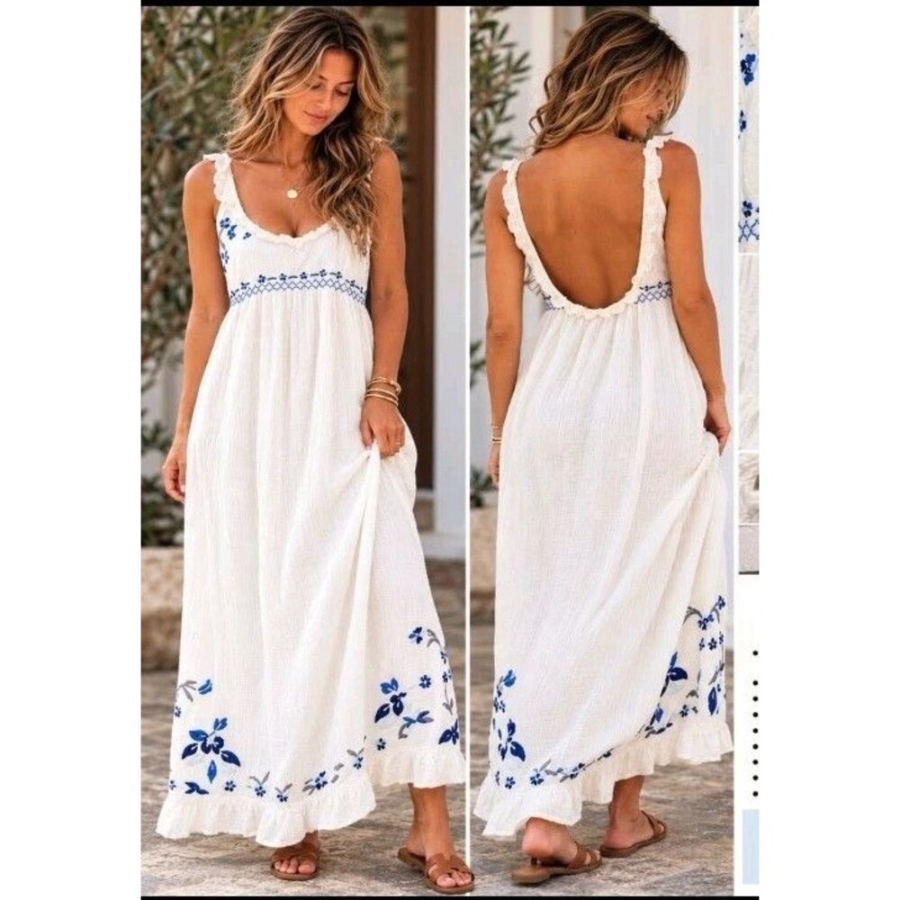 Free People Boho Floral Gauze Maxi Dress S White Blue Embroidered Sleeveless